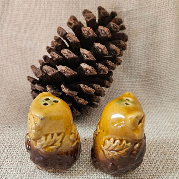 Vintage Two Toned Brown Ceramic Owl & Leaf Salt & Pepper Shakers - Picture 6 of 9